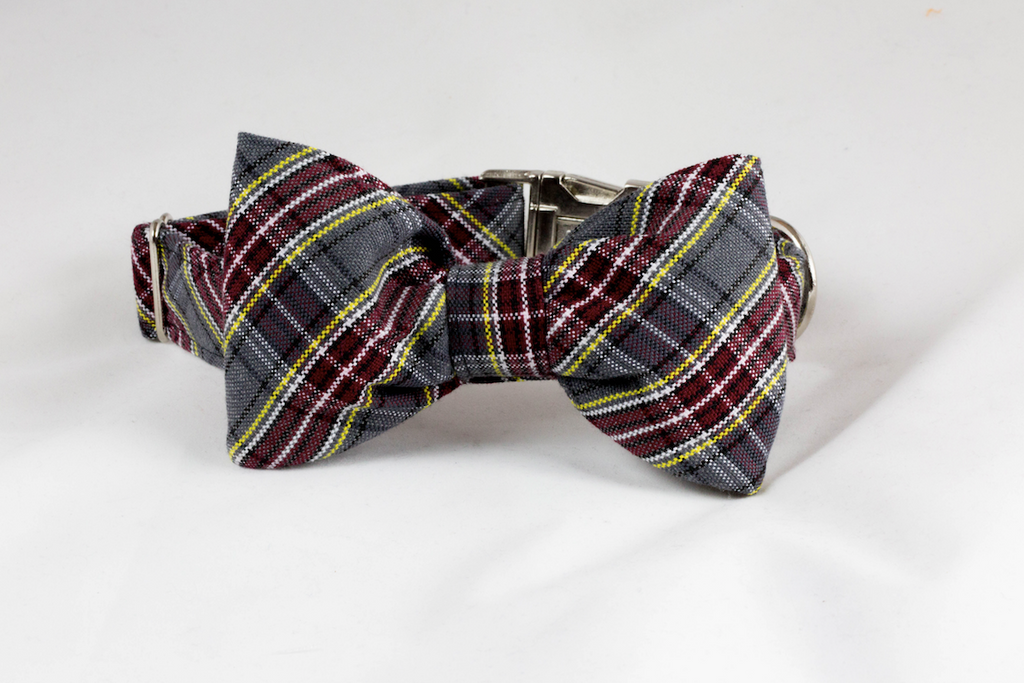 Maroon and Gray Preppy Plaid Bow Tie Dog Collar--Baylor School