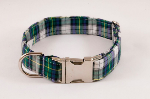 Green and Blue Prep School Plaid Dog Collar