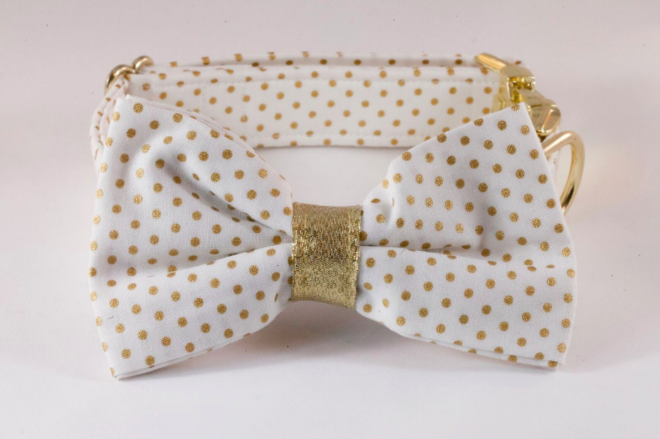 White and Gold Polka Dot Dog Bow Tie Collar