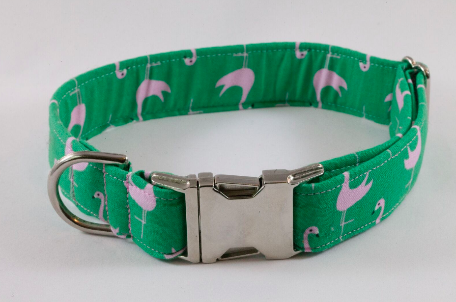 Preppy Green and Pink Flamingo Dog Collar