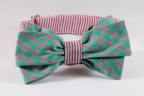 Green and Red Christmas Plaid Seersucker Girl Bow Tie Dog Collar