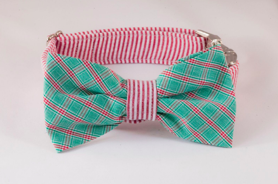 Green and Red Christmas Plaid Seersucker Bow Tie Dog Collar