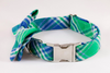 Preppy Green and Blue Madras Plaid Bow Tie Dog Collar