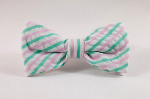Preppy Pink and Green Seersucker Girl Dog Bow Tie