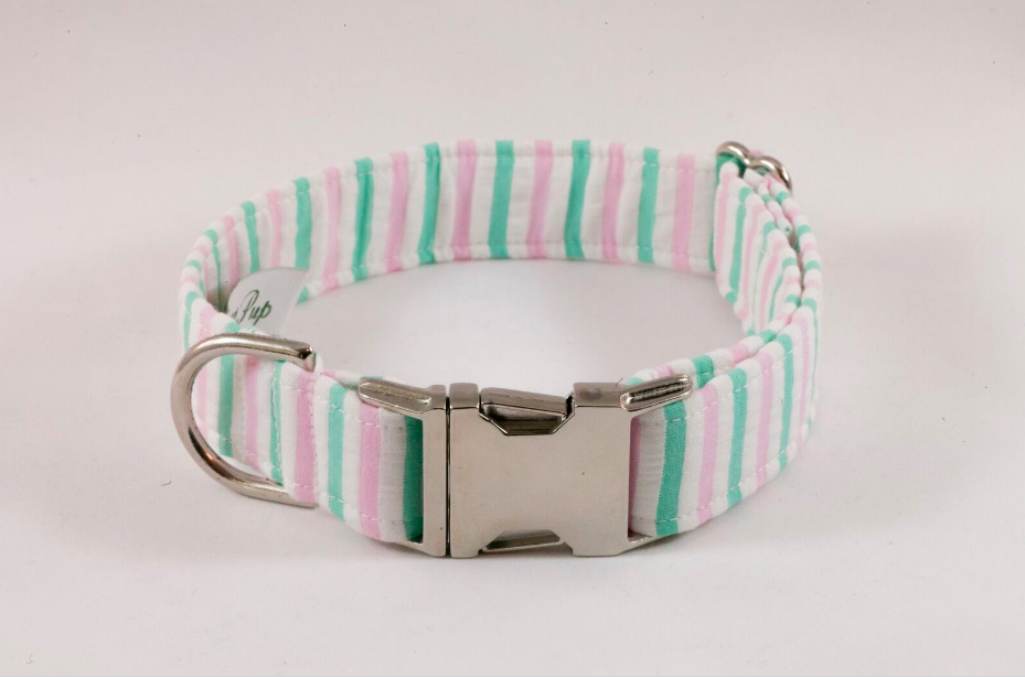 Preppy Pink and Green Seersucker Dog Collar