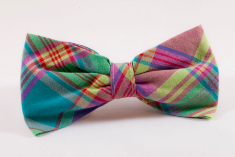 Preppy Pink Madras Plaid Dog Bow Tie