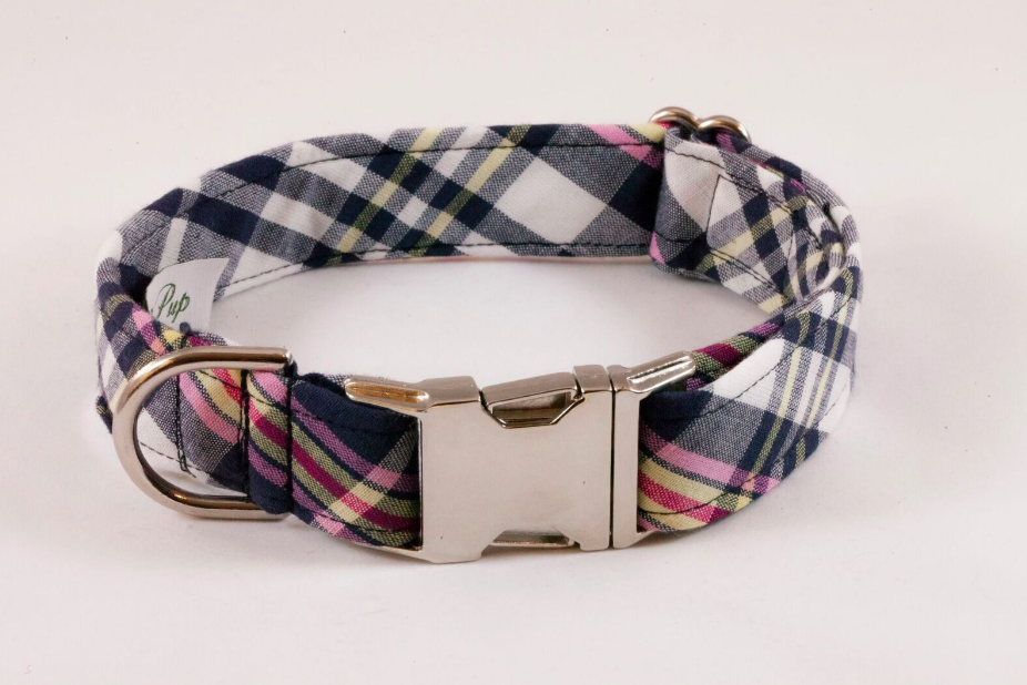 Navy and Pink Madras Dog Collar