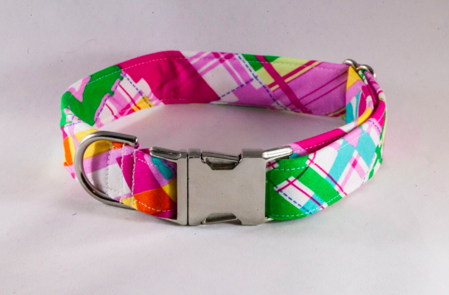 Preppy Pink and Yellow Madras Dog Collar