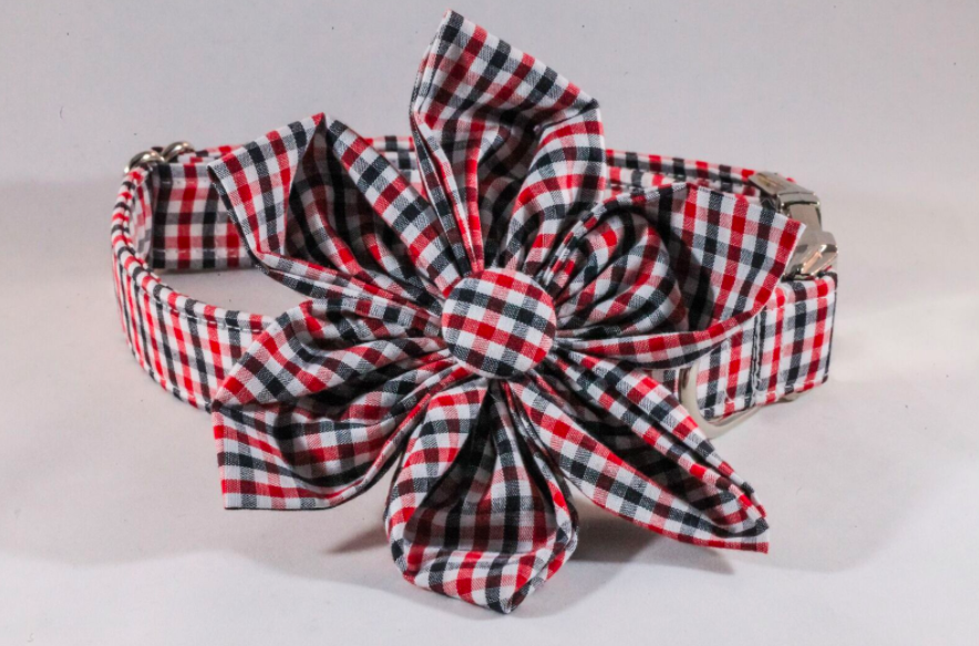 Preppy Black and Red Gingham Girl Dog Georgia Bulldogs Flower Bow Tie Collar