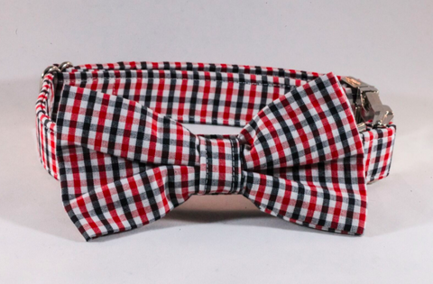 Preppy Black and Red Gingham Georgia Bulldogs Dog Bow Tie Collar