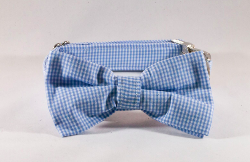 Preppy Carolina Blue Gingham Tarheel Dog Bow Tie Collar