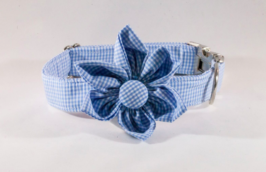 Preppy Carolina Blue Gingham Tarheel Girl Dog Flower Bow Tie Collar