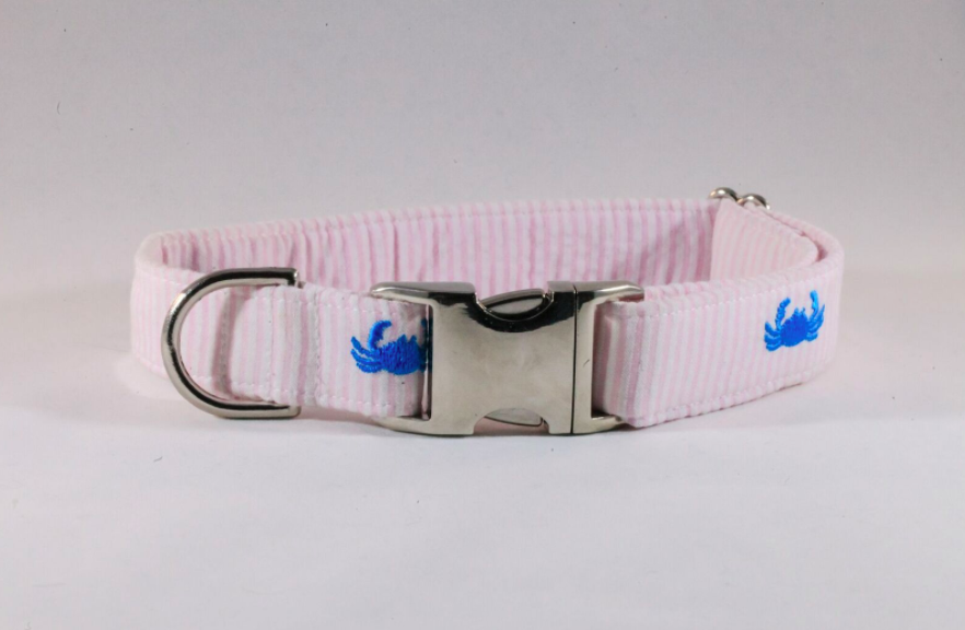 Preppy Pink Crab Seersucker Dog Collar