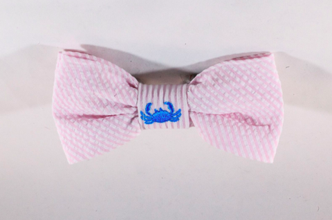 Preppy Pink Crab Seersucker Dog Bow Tie