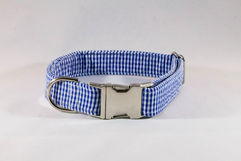 Preppy Navy Blue Gingham Seersucker Dog Collar