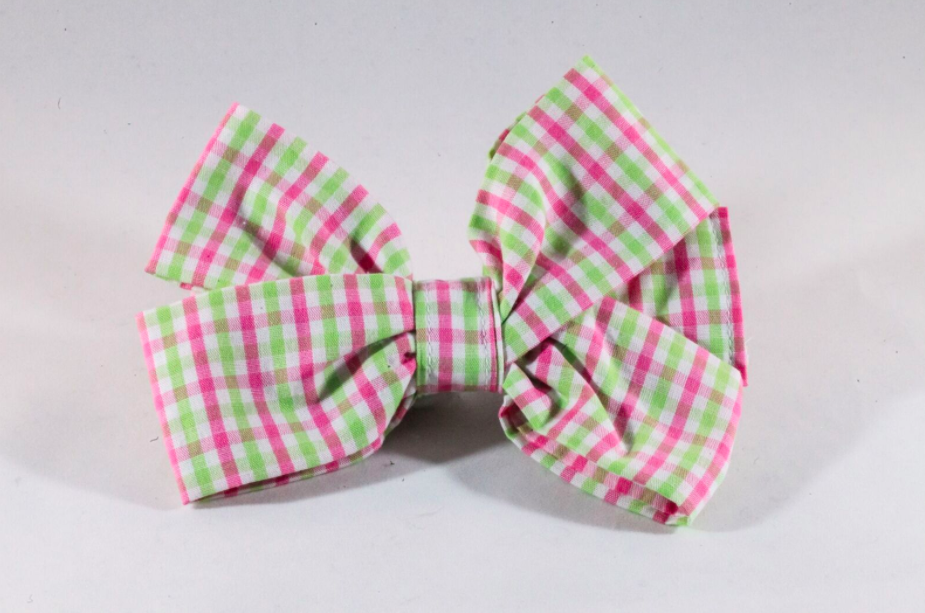 Preppy Pink and Green Gingham Girl Dog Bow Tie