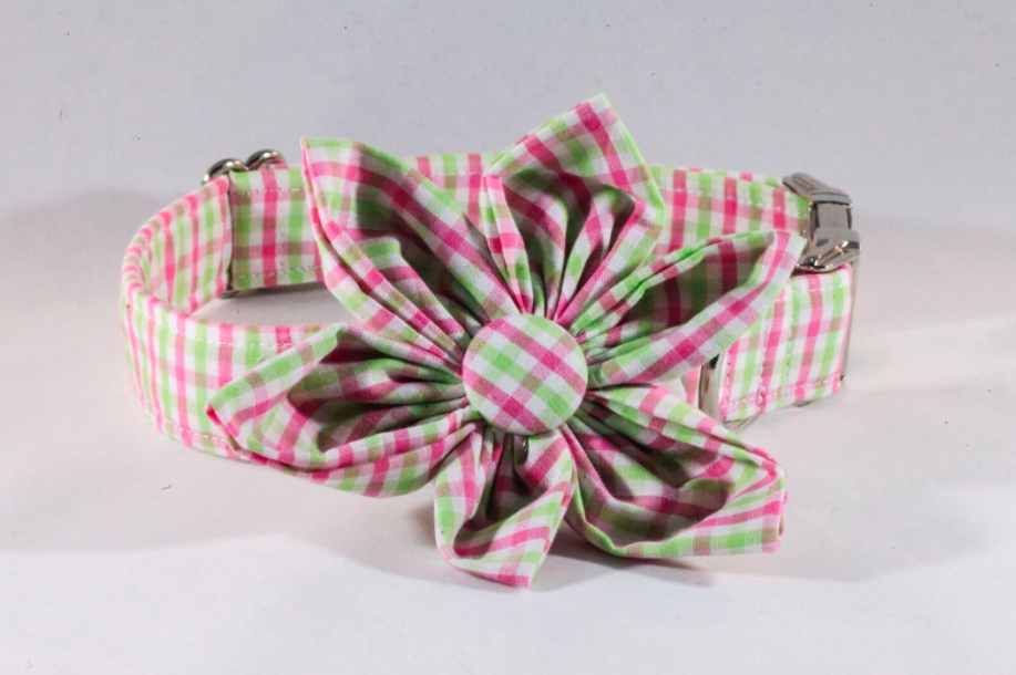 Preppy Pink and Green Gingham Girl Dog Flower Bow Tie Collar