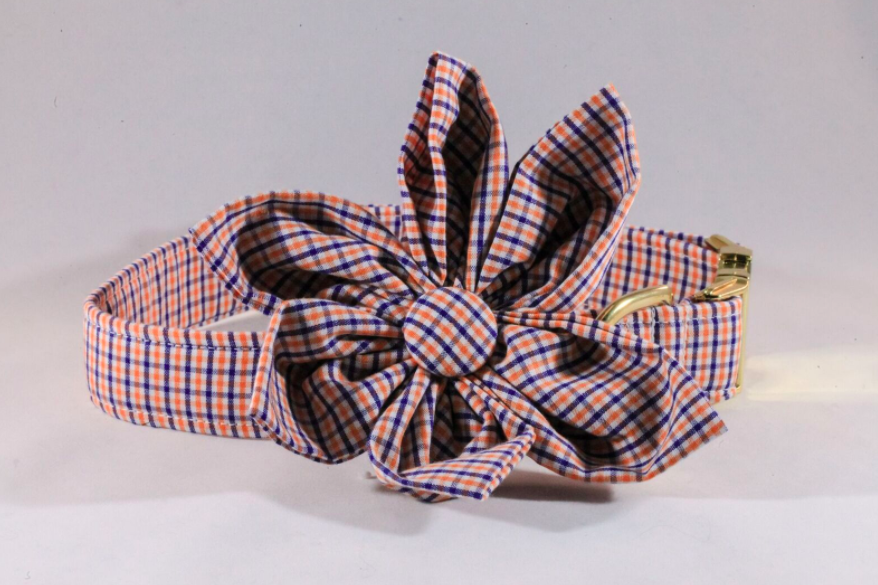 Preppy Navy and Orange Gingham Auburn Tigers Girl Dog Bow Flower Tie Collar