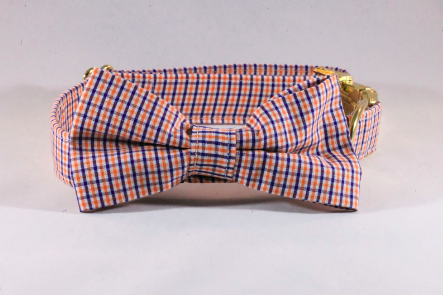 Preppy Navy and Orange Gingham Auburn Tigers Dog Bow Tie Collar