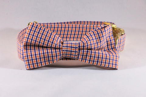Preppy Navy and Orange Gingham Auburn Tigers Dog Bow Tie Collar