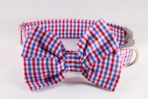 Preppy Red White and Blue Gingham Girl Dog Bow Tie Collar, Ole Miss Rebels