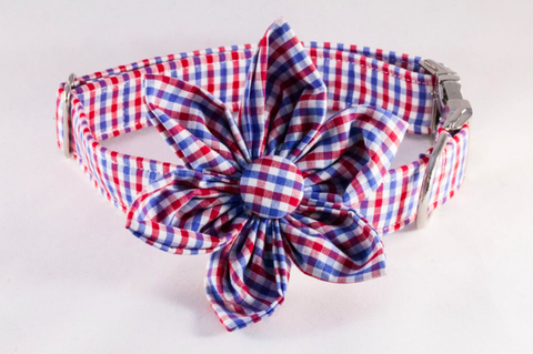 Preppy Red White and Blue Gingham Girl Dog Flower Bow Tie Collar, Ole Miss Rebels