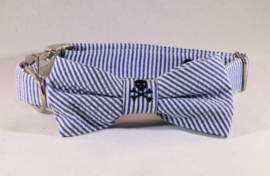 Preppy Navy Blue Skull and Cross Bones Seersucker Bow Tie Dog Collar