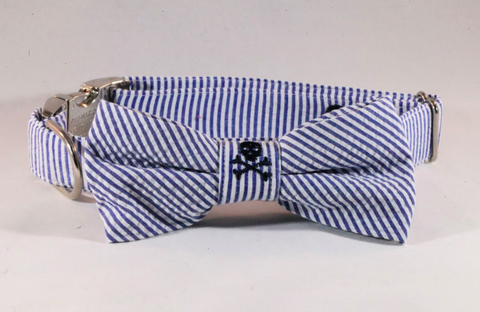 Preppy Navy Blue Skull and Cross Bones Seersucker Bow Tie Dog Collar