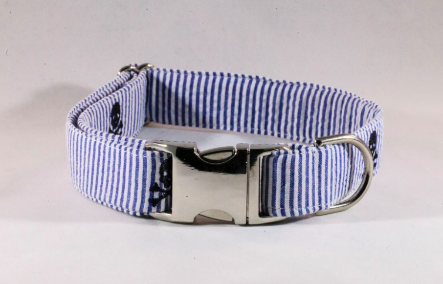 Preppy Navy Blue Skull and Cross Bones Seersucker Dog Collar