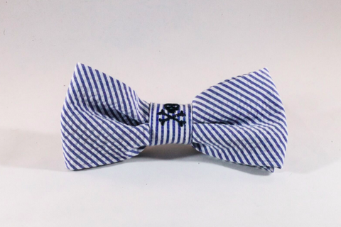 Preppy Navy Blue Skull and Cross Bones Seersucker Dog Bow Tie