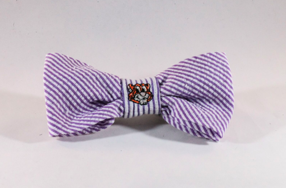 Preppy Purple and Gold LSU Tigers Seersucker Dog Bow Tie