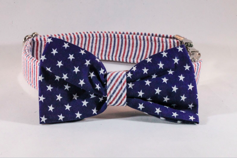 Preppy Red White and Blue Patriotic Pup Seersucker Bow Tie Dog Collar