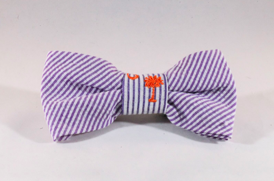 Preppy Purple and Orange Clemson Tigers Seersucker Dog Bow Tie