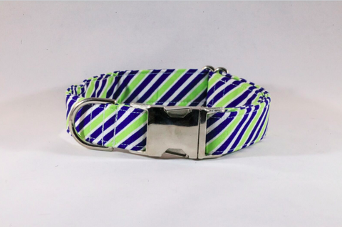 Navy Blue and Lime Striped Dog Collar