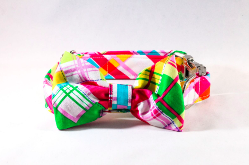 Preppy Pink and Yellow Madras Dog Bow Tie Collar
