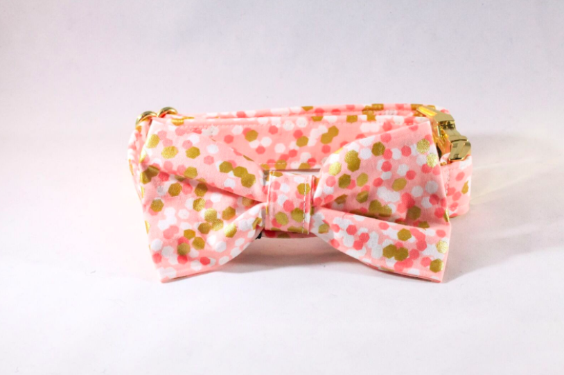 Champagne Pop Pink and Gold Polka Dot Dog Bow Tie Collar--Valentine's Day