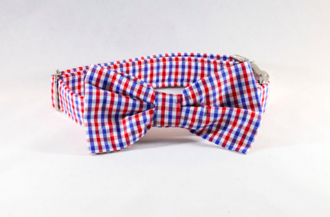 Preppy Red White and Blue Gingham Dog Bow Tie Collar, Ole Miss Rebels