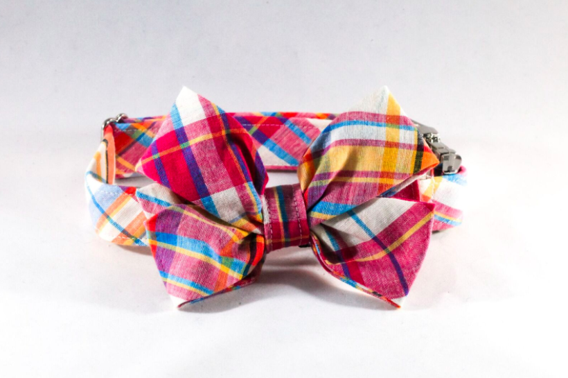 Preppy Pink and Orange Madras Girl Dog Bow Tie Collar