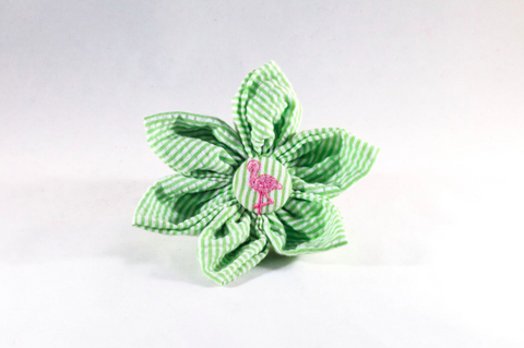 Preppy Green and Pink Flamingo Seersucker Girl Dog Flower Bow Tie