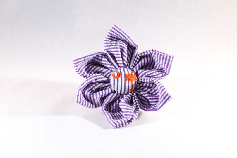Preppy Purple and Orange Clemson Tigers Seersucker Girl Dog Flower Bow Tie