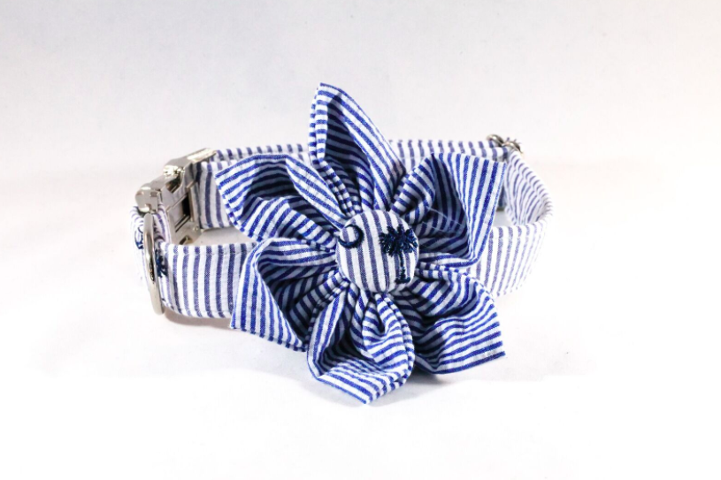 Preppy Navy Blue Palmetto Palm Tree Seersucker Girl Dog Flower Bow Tie Collar