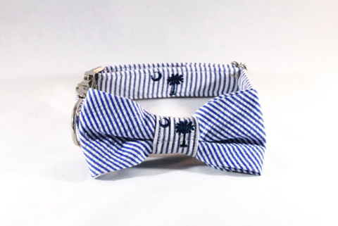 Preppy Navy Blue Palmetto Palm Tree Seersucker Dog Bow Tie Collar
