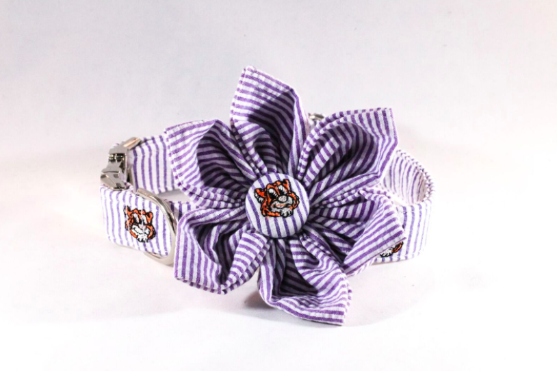 Preppy Purple and Gold LSU Tiger Seersucker Girl Dog Flower Bow Tie