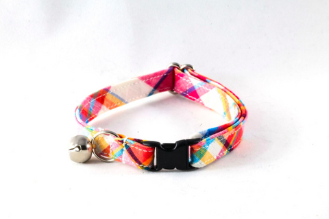 Preppy Pink and Orange Madras Kitty Cat Collar