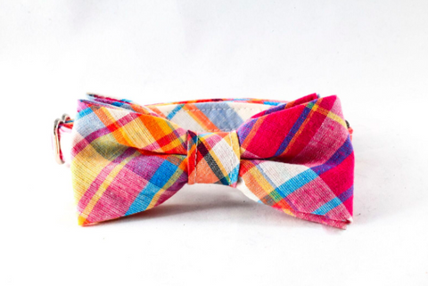 Preppy Pink and Orange Madras Bow Tie Kitty Cat Collar