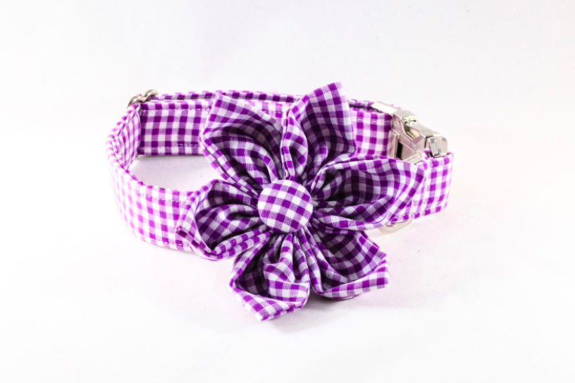 Preppy Purple Gingham Girl Dog Flower Bow Tie Collar