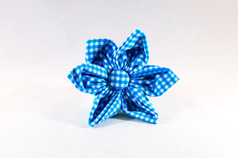 Preppy Aqua Blue Gingham Girl Dog Flower Bow Tie