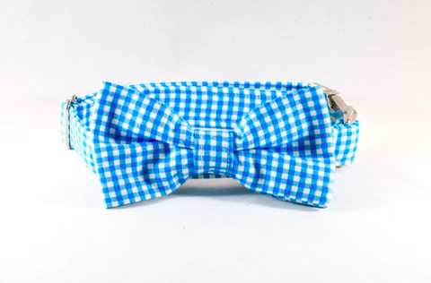 Preppy Aqua Blue Gingham Dog Bow Tie Collar