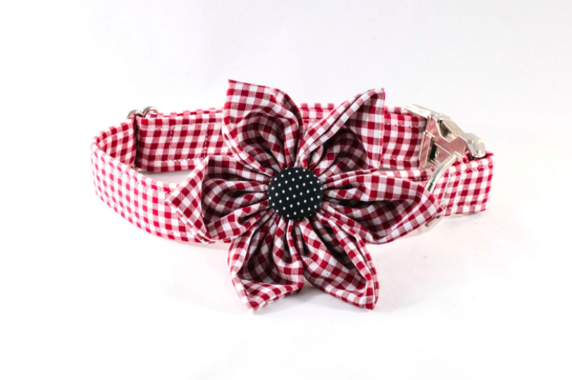Garnet and Black Gingham Gamecocks Girl Dog Flower Bow Tie Collar