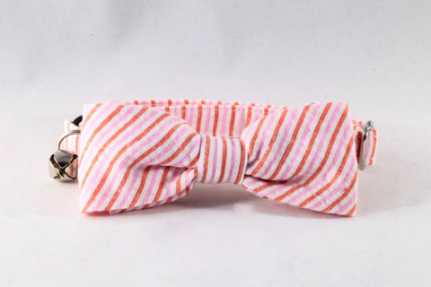 Preppy Pink and Orange Sherbet Seersucker Bow Tie Kitty Cat Collar